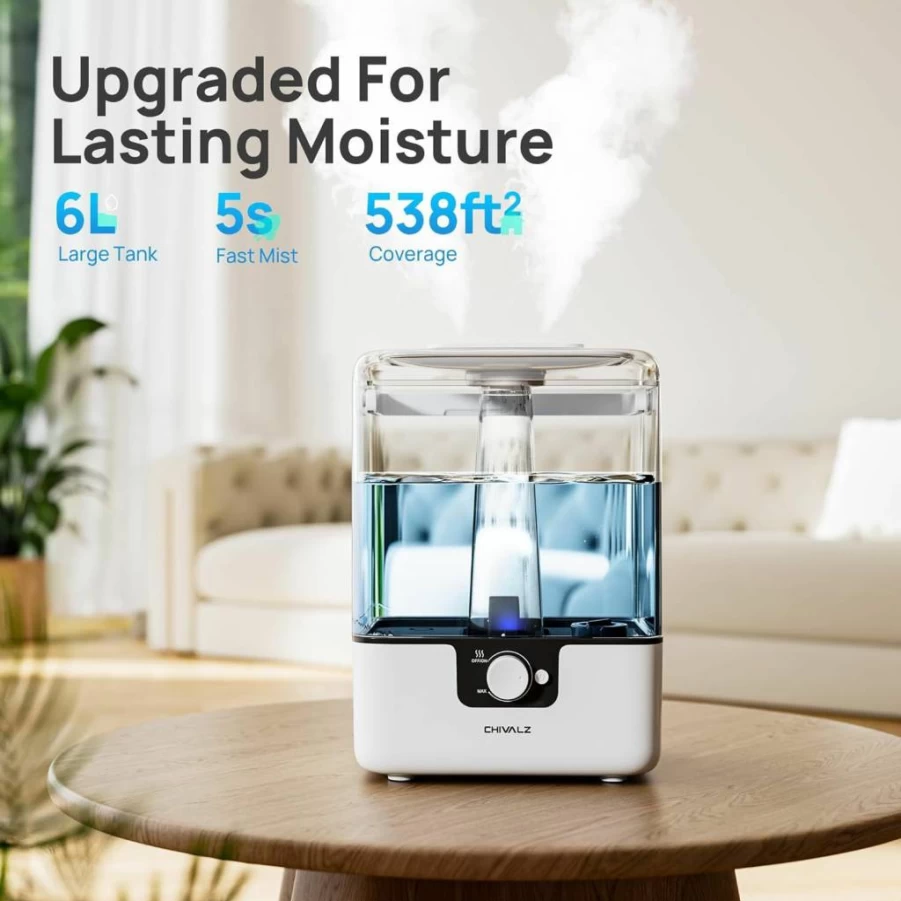 CHIVALZ 6L Cool Mist Humidifier for Bedroom & Large Rooms - Ultra Quiet (26dB), Top Fill, Night Light, 50-Hour Runtime, Essential Oil Diffuser with 2 Mist Outlets - White