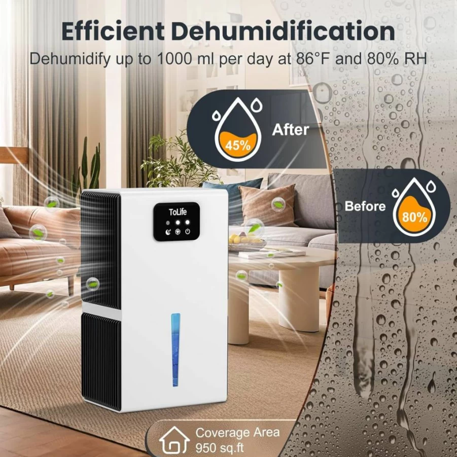 ToLife 95 Oz Portable Dehumidifier for Home & Basement - Auto-Off, Sleep Mode, 7-Color LED, 1000 Sq.Ft Coverage, Ideal for Bathroom, RV, Closet (Grey)