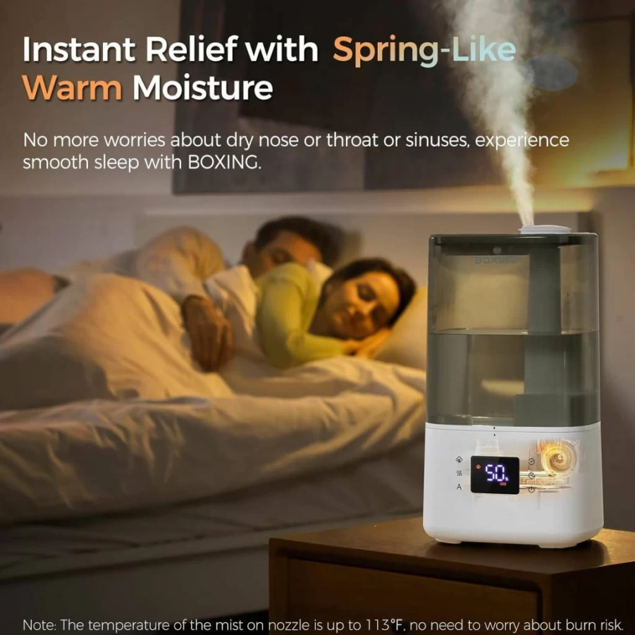 Boxing 4.5L Ultrasonic Humidifier with Remote, Humidistat & Timer - Top Fill, Quiet Cool & Warm Mist for Bedroom, Large Room, Nightstand - Filter Included