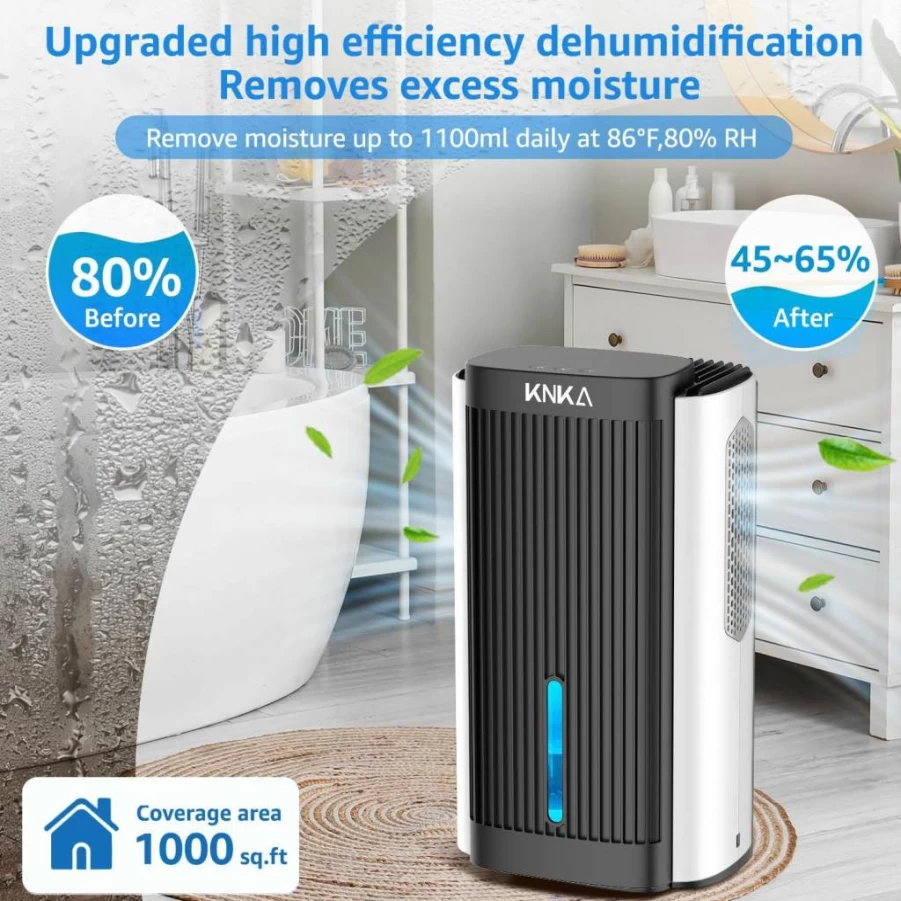 KNKA 95 Oz Dehumidifier for Large Rooms up to 1000 Sq Ft - Ultra Quiet with Auto Shut Off, 7 Color LED Lights, Sleep Mode - Perfect for Basement, Bedroom, Bathroom, RV & Closet (White)