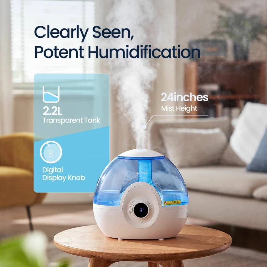 Raydrop 2.2L Cool Mist Humidifier for Bedroom - Quiet 26dB, 30-Hour Runtime, Night Light, Easy Fill & Clean, Digital Knob, Ideal for Baby, Nursery, Plants