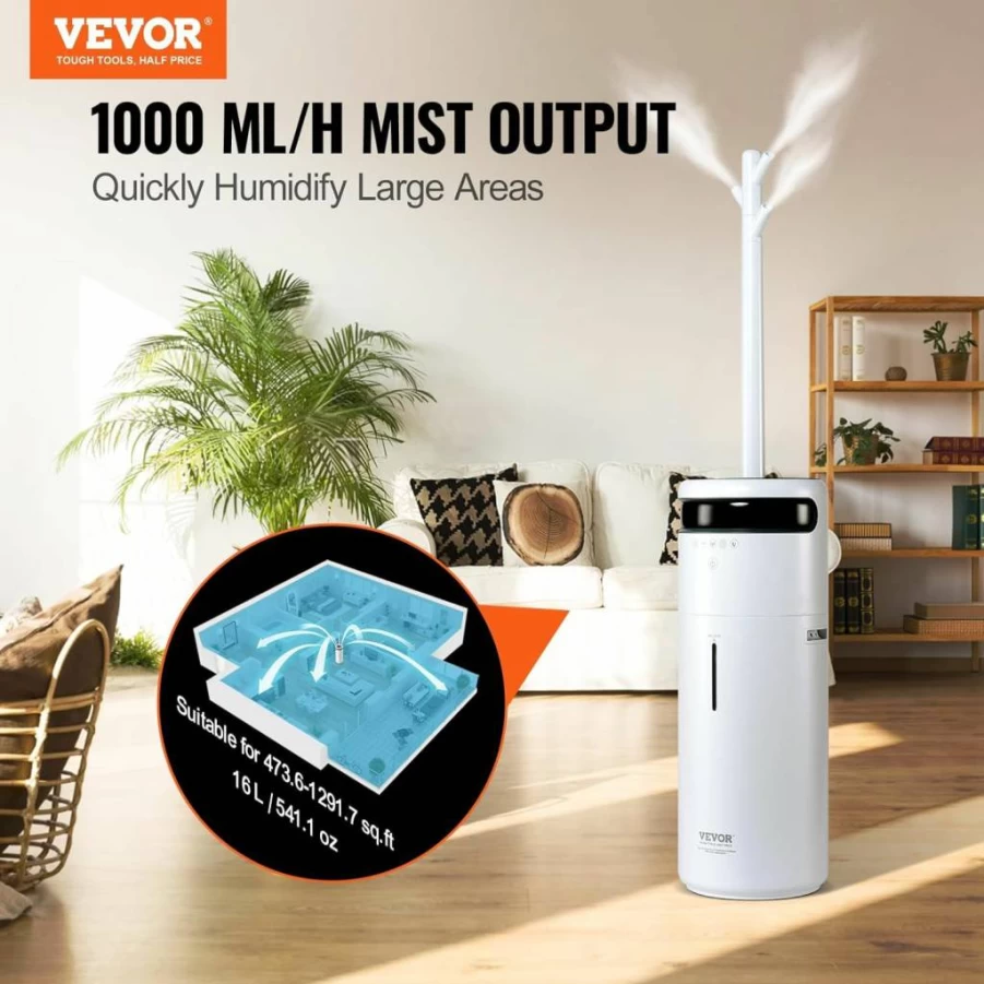 VEVOR Commercial Ultrasonic Humidifier for Large Rooms up to 1300 Sq Ft, 560mL/H Cool Mist, Auto Shut-Off for Home, Office, Greenhouse, and Warehouse