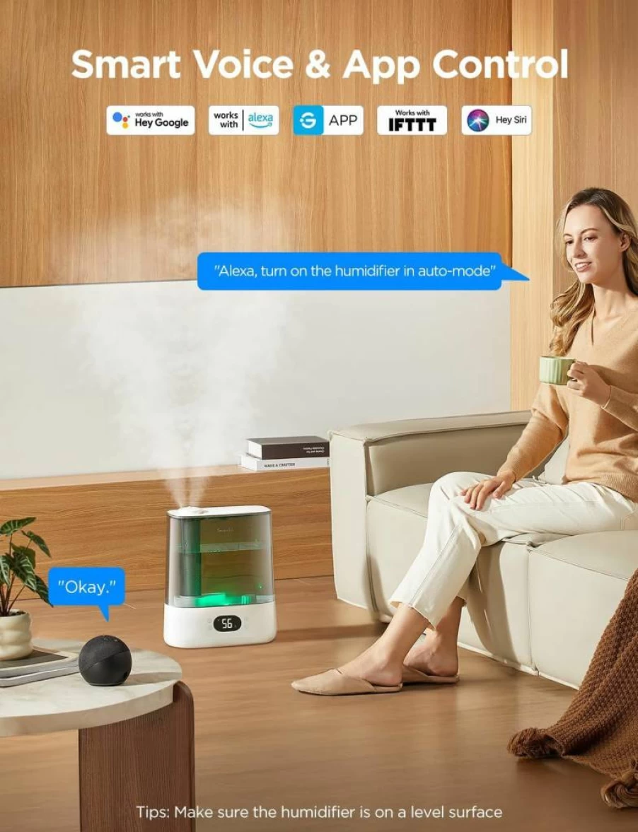 GoveeLife 6L Smart WiFi Humidifier for Large Room with Cool Mist, Alexa Compatibility, Auto Mode, Humidity Sensor, 60H Quiet Runtime, and Top Fill Design for Bedroom, Baby, and Plants (Black)