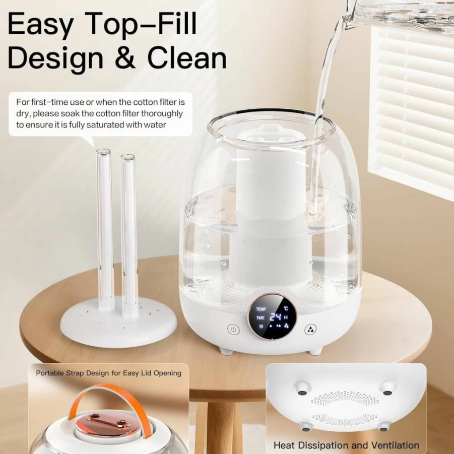 MRWALK Humidifiers for Bedroom, 3L Cool Mist Humidifier with 10 Filters, Ultra Quiet (20dB), Dual Nozzles, LED Display, Smart Timer & Auto Shut-Off, Ideal for Baby Nursery and Large Rooms (White)