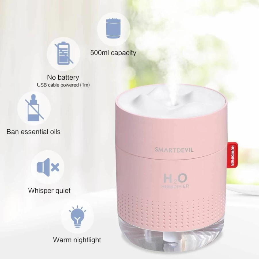 SMARTDEVIL 500ml Portable Humidifier with Night Light, Quiet Ultrasonic Cool Mist for Bedroom, Office, Nursery, Auto Shut-Off, 2 Mist Modes – Blue