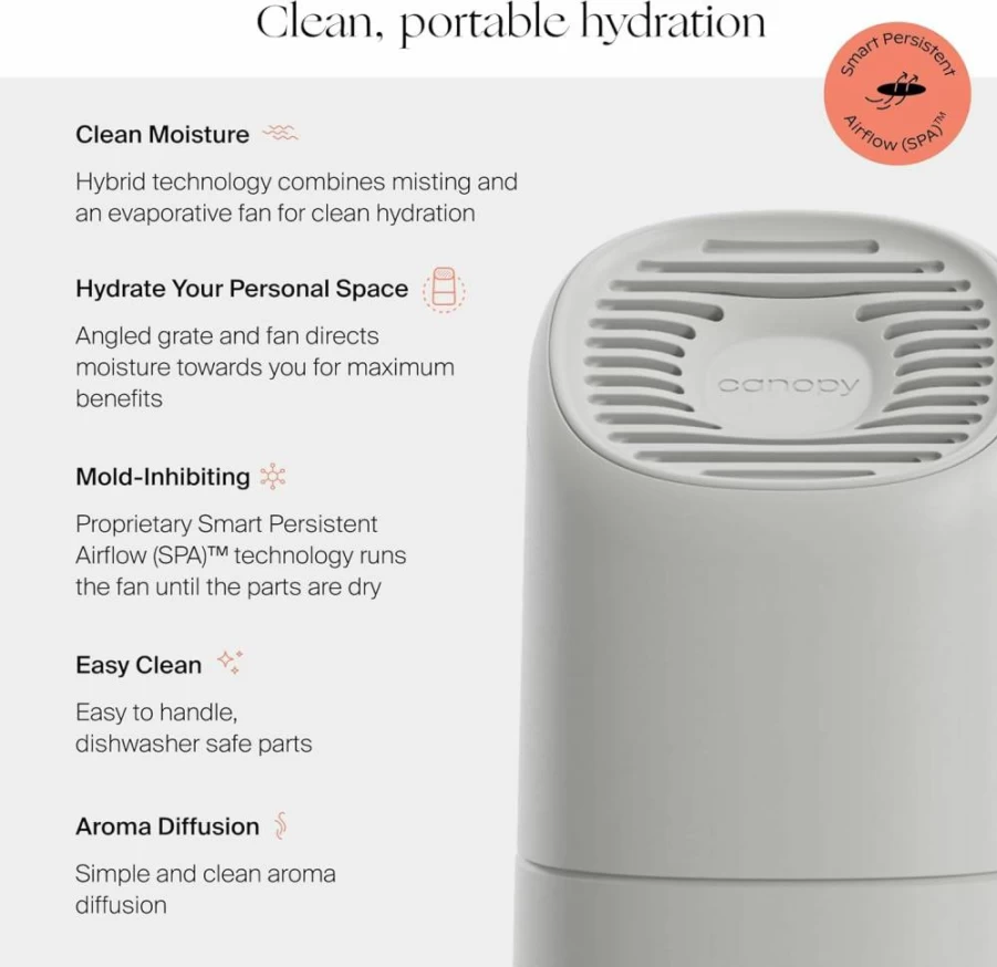 Canopy Humidifier 2.0 - 2.5L Bedside Humidifier with 36-Hour Runtime, Reading Light & White Noise - Relief for Allergies, Cold & Dry Skin - Includes Filter & Adapter - White