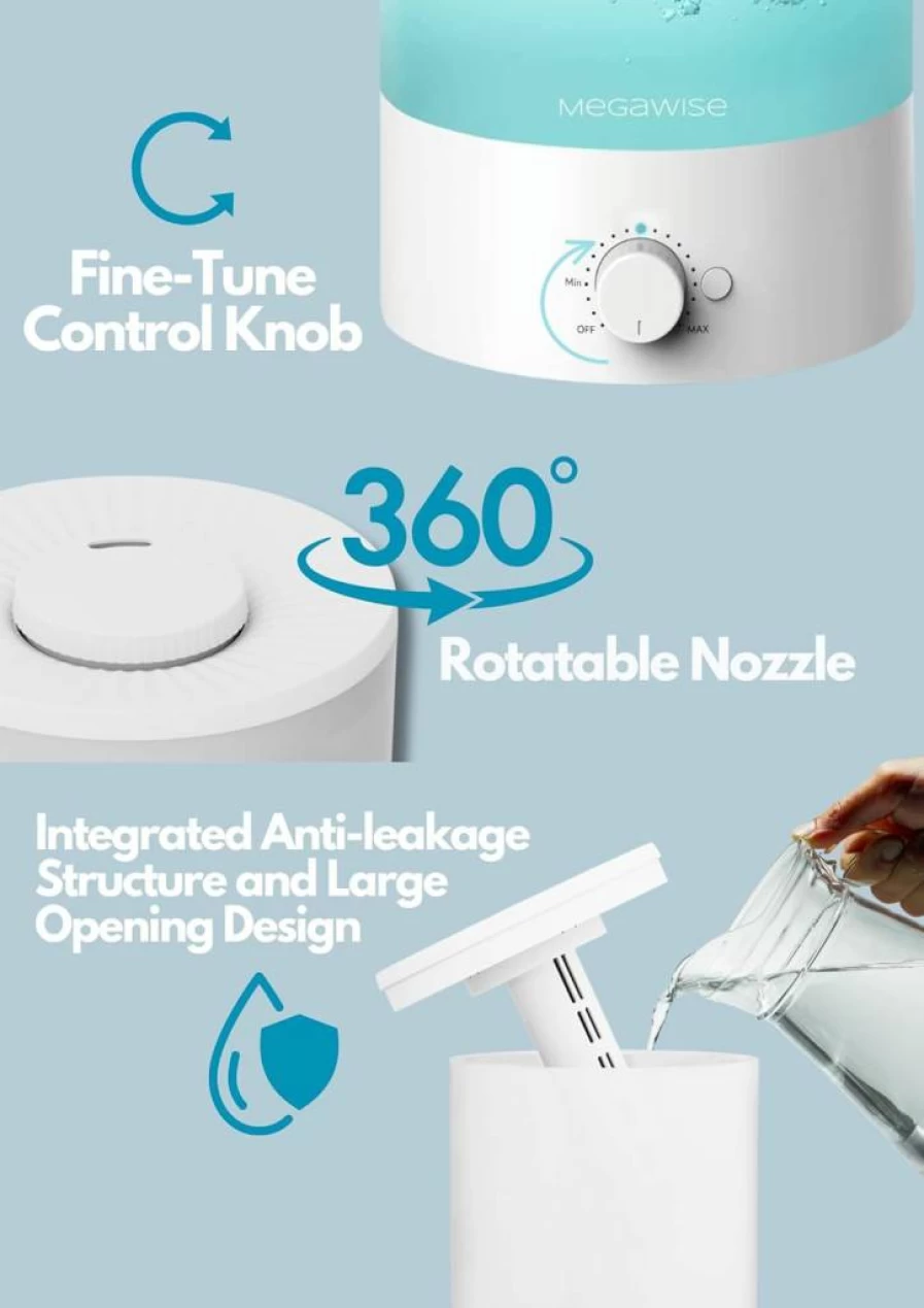 MEGAWISE 1.5L Ultrasonic Cool Mist Humidifier & Essential Oil Diffuser - Adjustable Mist, 25dB Quiet, 10-Hour Runtime, Easy Clean for Bedroom, Office, Plants