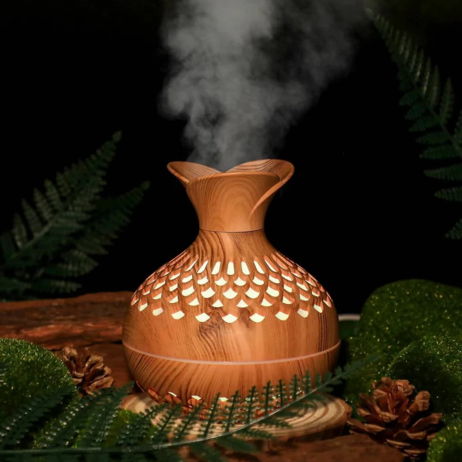 Cerrota Portable Mini Humidifier 300ML with Colorful Light, USB-Powered Cool Mist Humidifier for Home, Office, Travel, Baby Nursery, Wooden Aroma Diffuser with Darkwood Finish