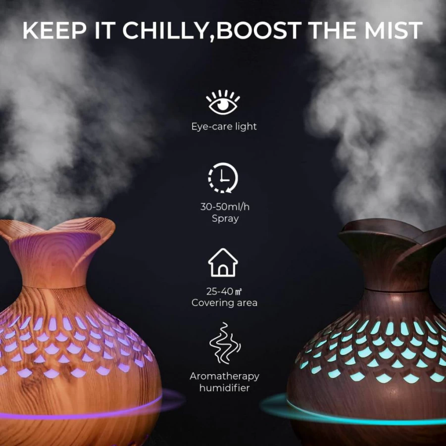 Cerrota Portable Mini Humidifier 300ML with Colorful Light, USB-Powered Cool Mist Humidifier for Home, Office, Travel, Baby Nursery, Wooden Aroma Diffuser with Darkwood Finish