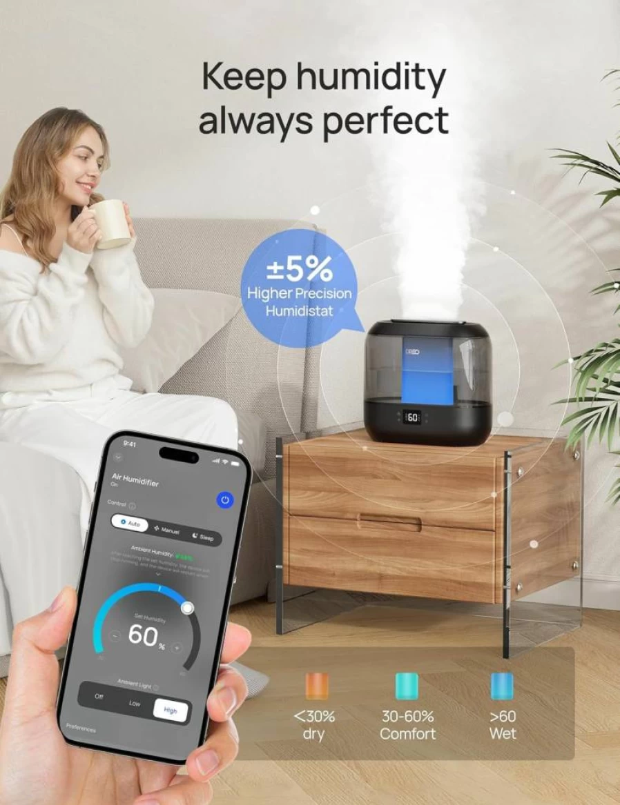 Dreo 4L Smart Cool Mist Humidifier with Top Fill, 32-Hour Runtime, Nightlight, Ultra Quiet (28dB), App/Voice/Touch Control for Bedroom, Large Room, Baby, and Plants