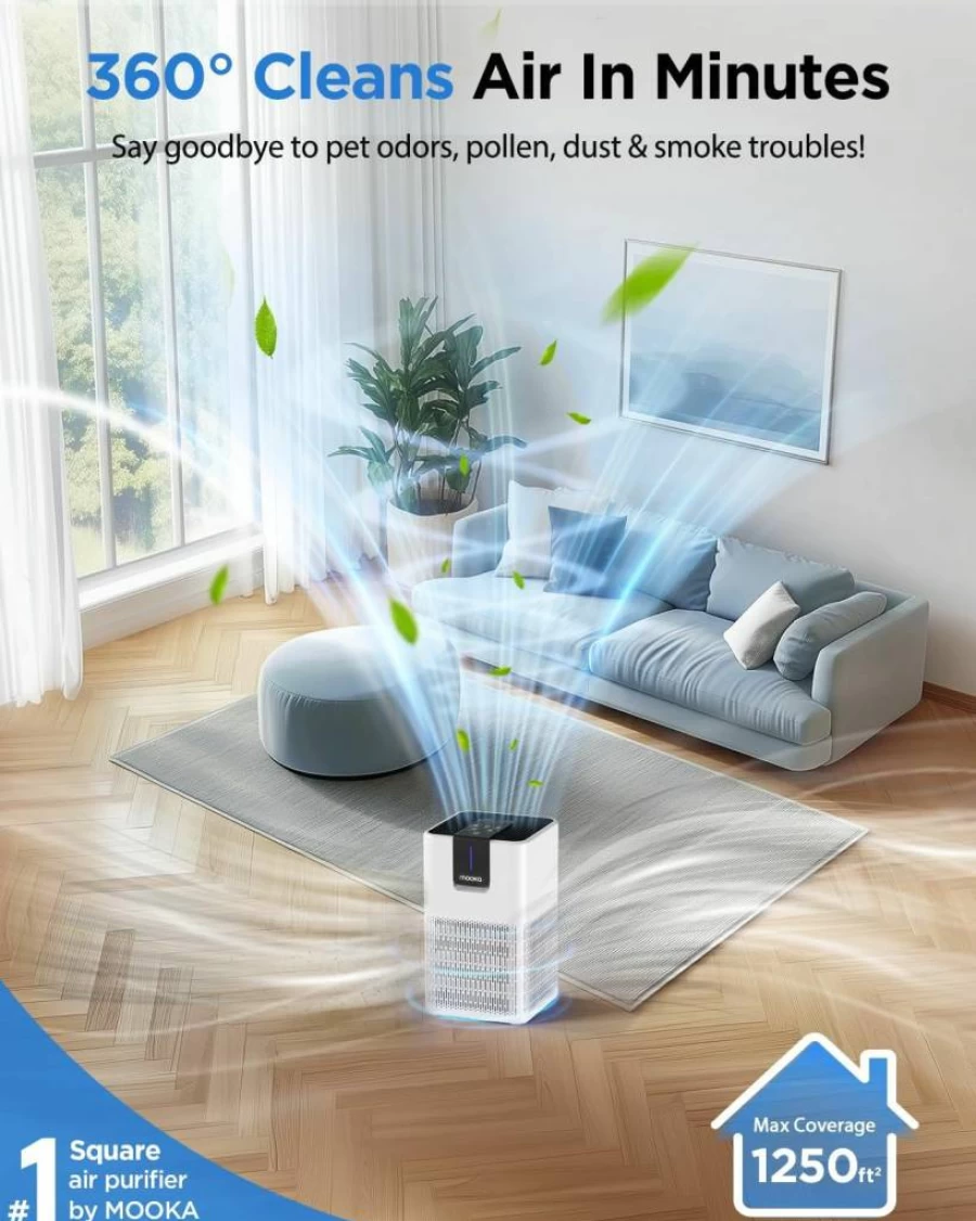 MOOKA H13 True HEPA Air Purifier for Large Rooms Up to 1250 Sq Ft, Quiet 15dB Sleep Mode, Remove Pet Dander, Dust, Smoke & Odors, with Aromatherapy Function for Bedroom, Office, Living Room - White