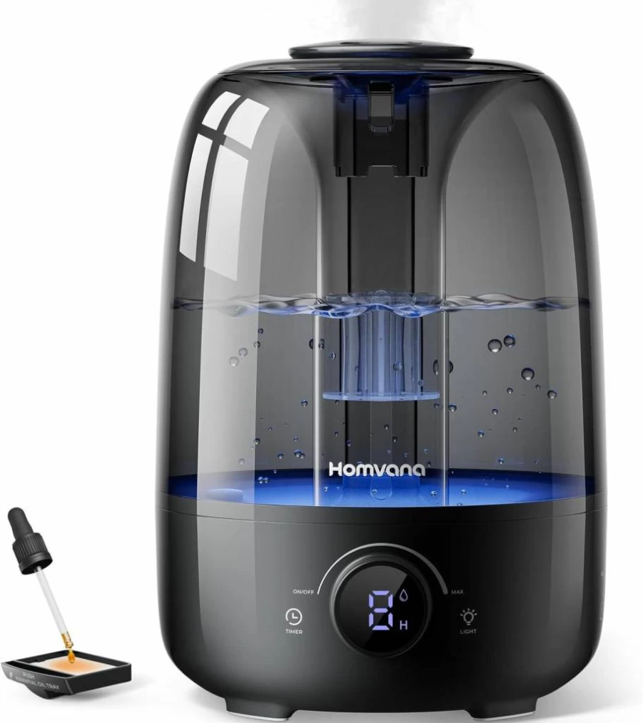 Homvana 4L Cool Mist Humidifier - Top Fill Large Room Humidifier with 40H Runtime, Essential Oil Diffuser for Bedroom, Nursery, and Plants (Black)