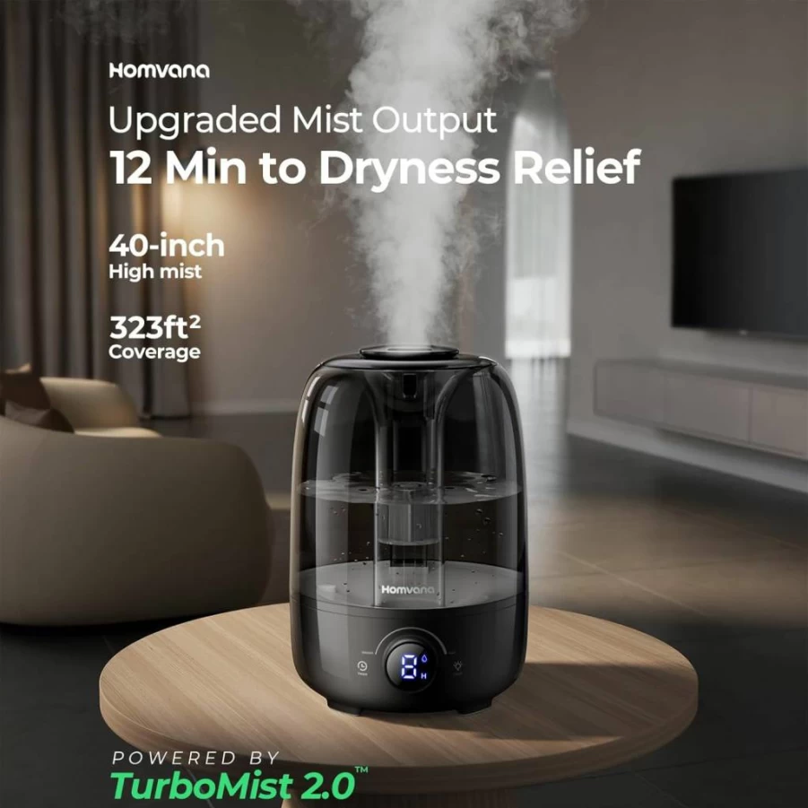 Homvana 4L Cool Mist Humidifier - Top Fill Large Room Humidifier with 40H Runtime, Essential Oil Diffuser for Bedroom, Nursery, and Plants (Black)