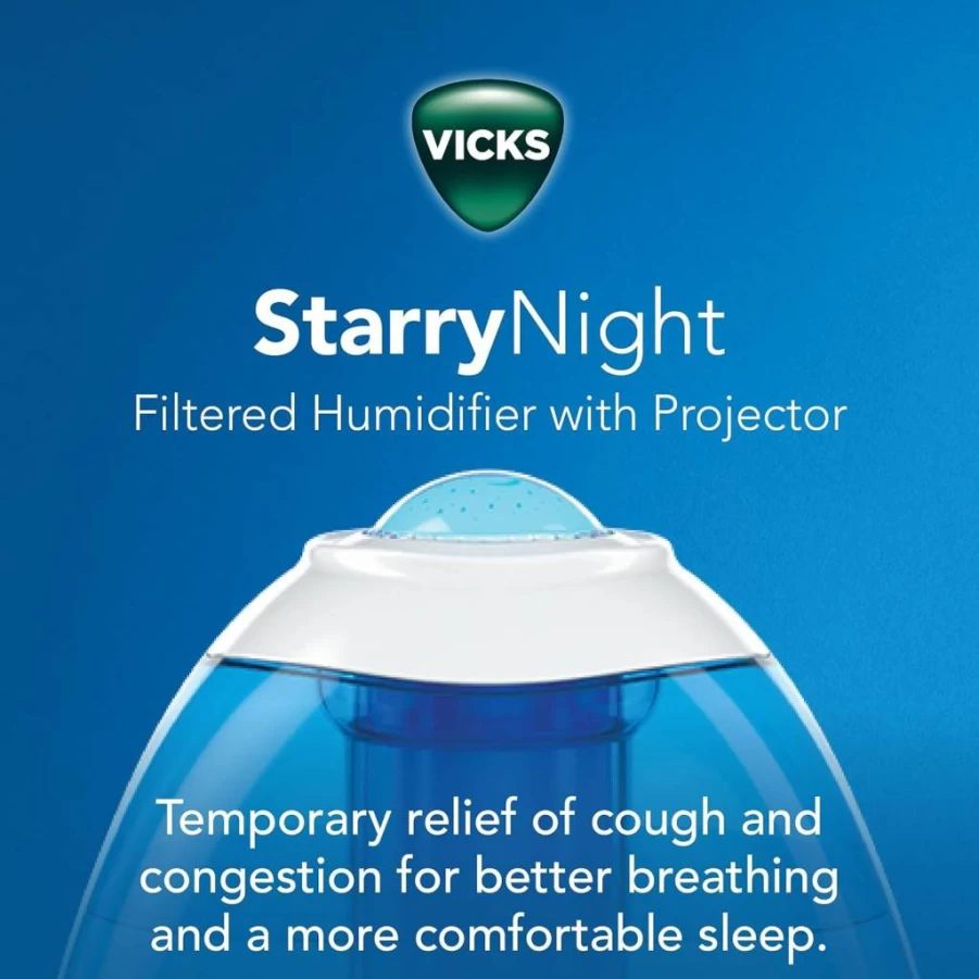 Vicks Starry Night Cool Mist Humidifier for Large Rooms - 1 Gallon Tank with Night Light, Compatible with Vapopads, Ideal for Baby & Kids Bedrooms