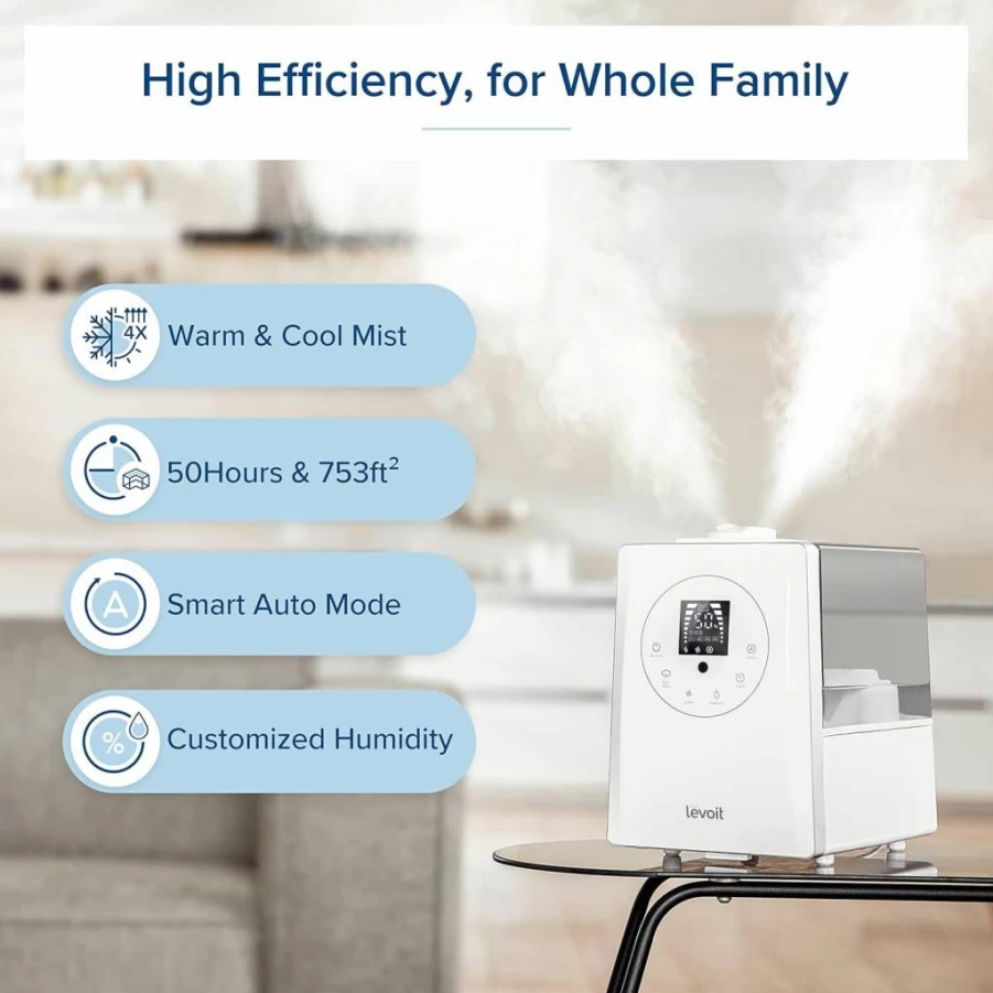 LEVOIT 6L Ultrasonic Humidifier for Bedroom & Large Rooms, Warm & Cool Mist with Built-In Humidity Sensor, Essential Oil Diffuser, Whisper Quiet, 24-Hour Timer, White