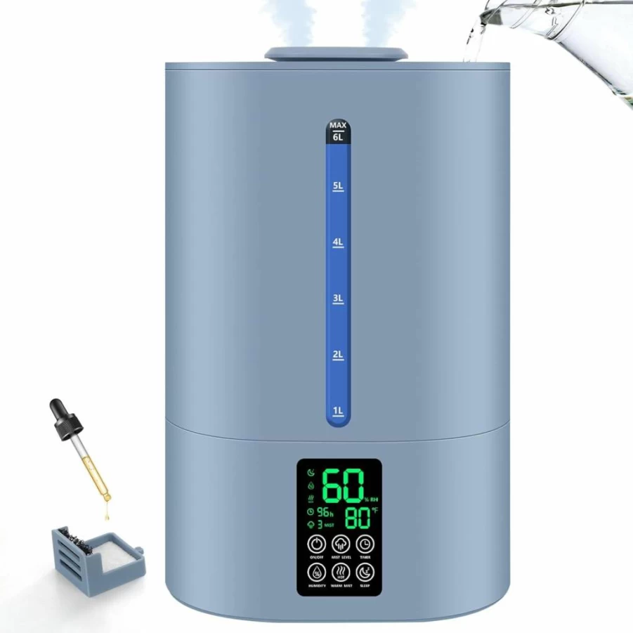 Coolfiqu 6L Humidifiers for Bedroom, Large Room Home, Cool & Warm Mist, Top Fill, Essential Oil Diffuser, Quiet Operation, Adjustable 360° Nozzle, Baby & Plant Safe (Blue)