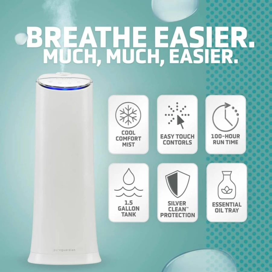 PureGuardian H3200 Ultrasonic Cool Mist Humidifier - 1.5 Gallon Tank, 100 Hour Runtime, Essential Oil Diffuser, Filter-Free Quiet Operation for Medium Rooms Up to 440 Sq Ft, White