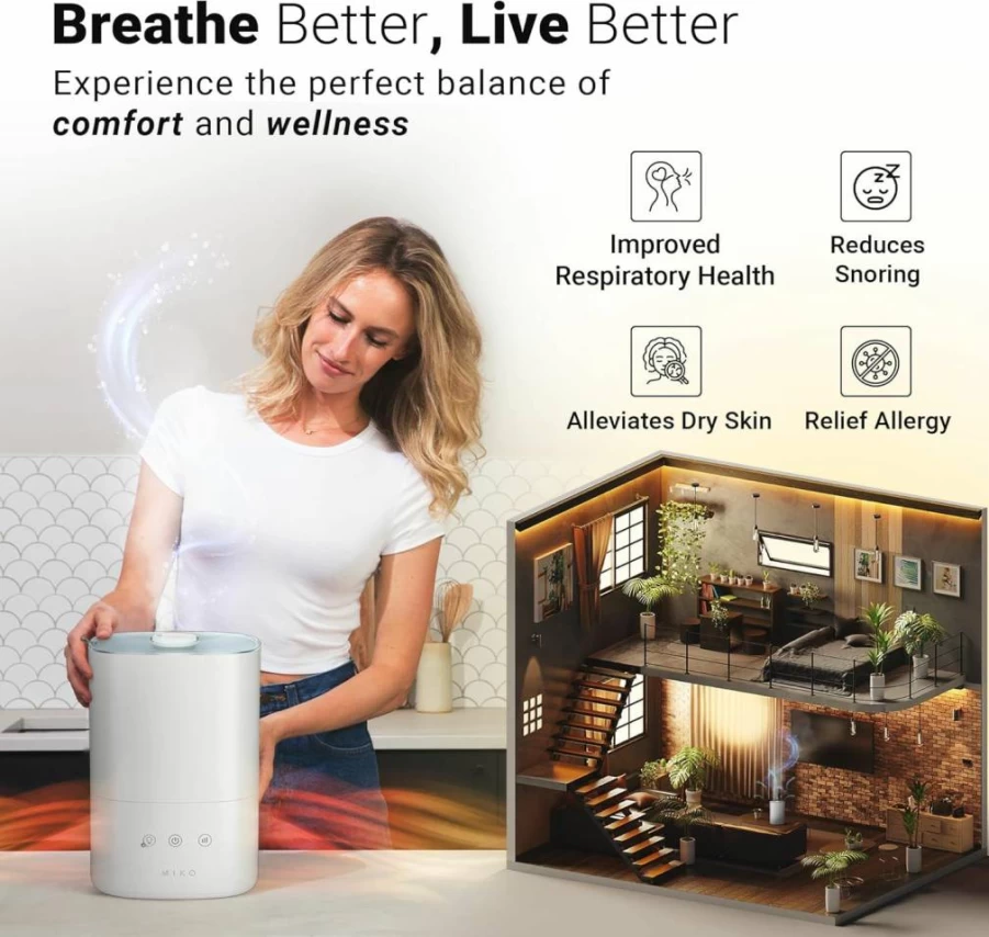 MIKO Ultrasonic Humidifier for Large Rooms - Quiet Sleep Mode, Auto Humidity Control, Leak-Proof Design, Built-In Timer, Baby & Home Safe, Water Filter Included