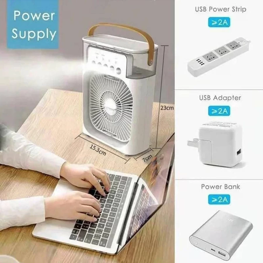Generic Portable 3-in-1 USB Air Cooler: Desktop Fan with Humidifier, 7-Color LED Light, 3 Speed Settings, and Quiet Operation for Home, Office, and Camping