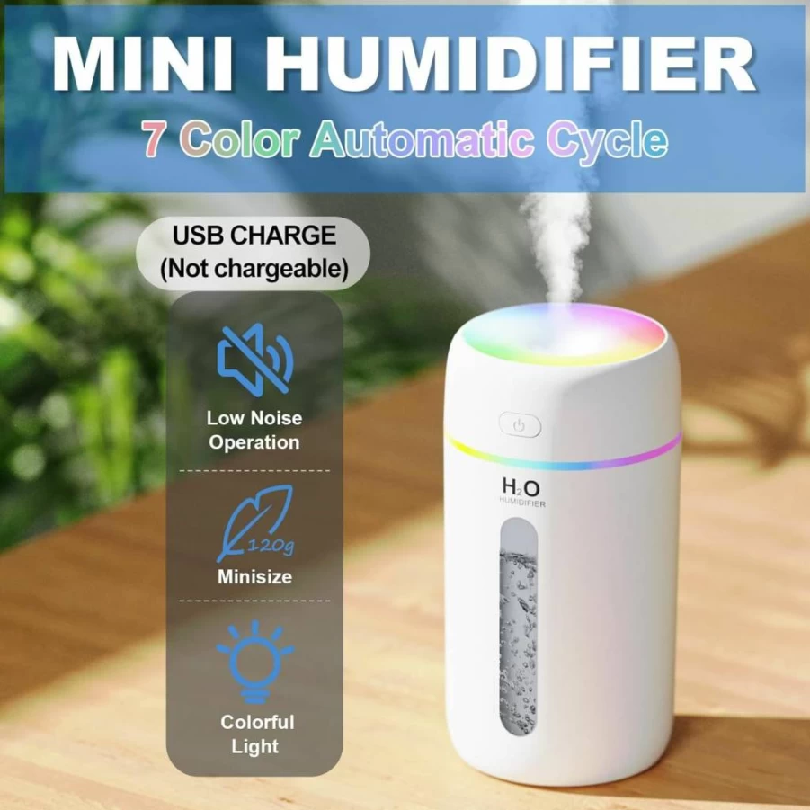 ZPP Portable Mini Humidifier with 7-Color LED Night Light, Auto Shut-Off for Car, Home, Office, and Travel