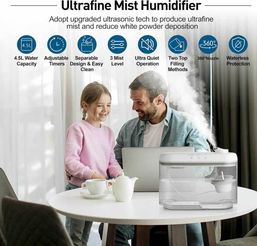 RIMOO 1.3Gal Ultrasonic Cool Mist Humidifier - Top Fill, Super Easy Clean with 3 Washable Parts, Filter-Free, 25dB Ultra-Quiet for Bedroom, Large Room, Baby