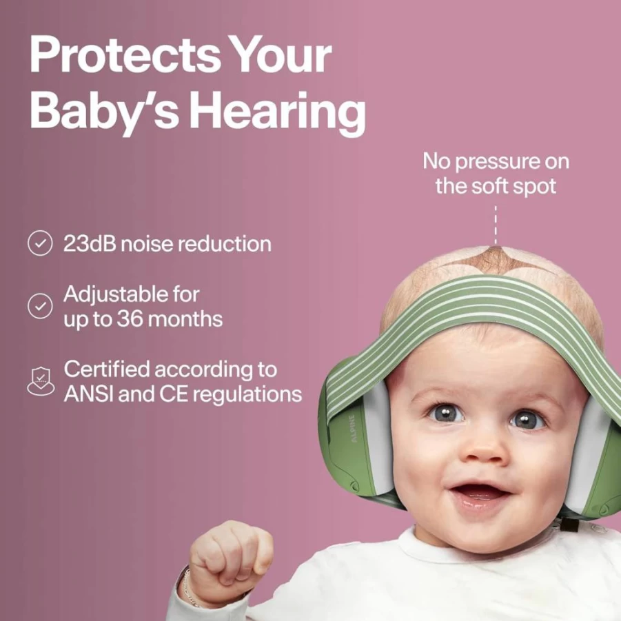 Alpine Muffy Baby Ear Protection - CE & ANSI Certified Noise Reducing Earmuffs for Infants & Toddlers 0-36 Months - Comfortable Hearing Protection for Sleep & Loud Environments - Green