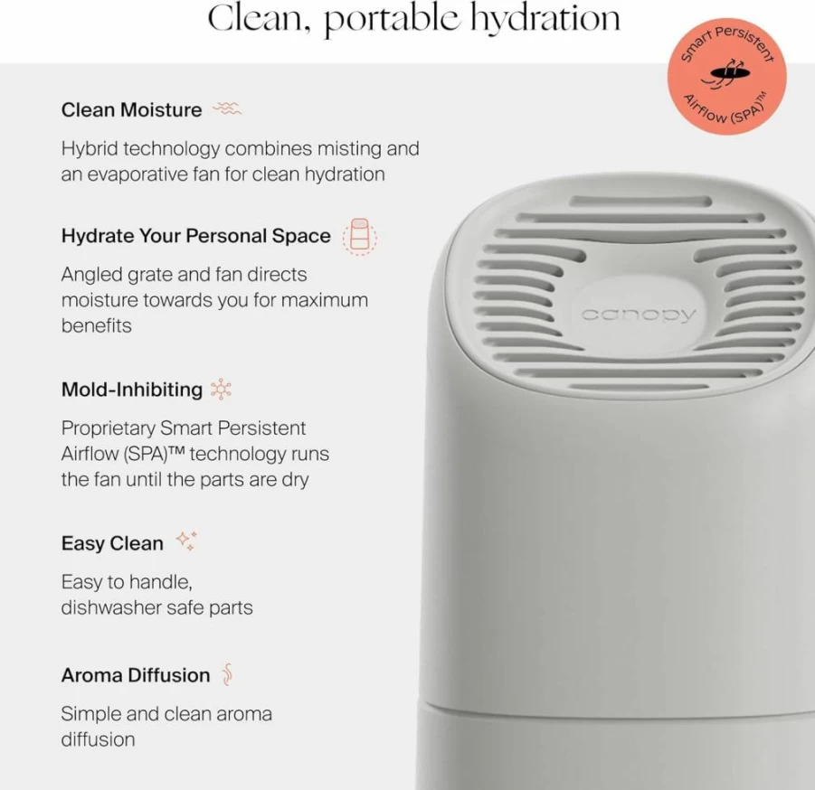 Canopy Humidifier 2.0 - 2.5L Bedside Humidifier with 36-Hour Runtime, Reading Light & White Noise - Allergy & Dry Skin Relief - Includes Filter, Power Cord & Adapter - Moonstruck Design