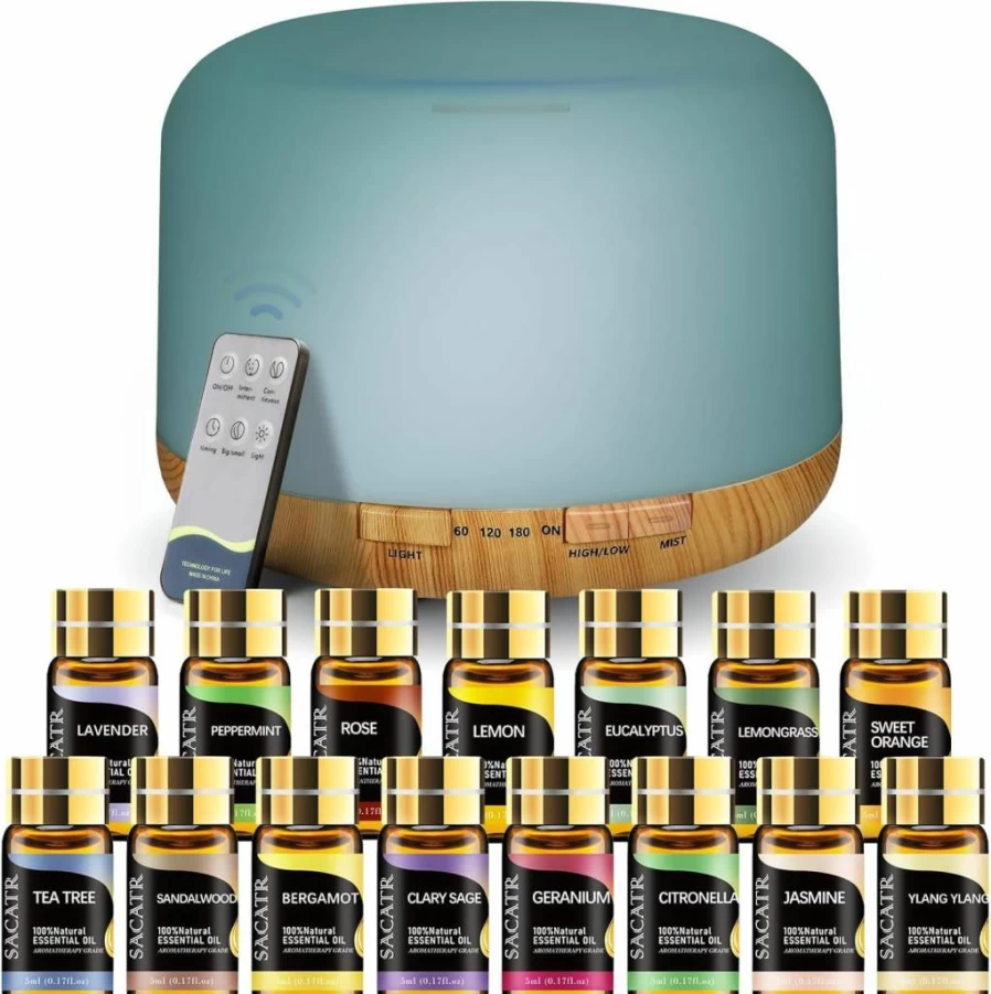 SACATR 500ml Ultrasonic Essential Oil Diffuser with Auto Shut-Off, 4 Timer Settings & 15 LED Colors, Includes 36x5ml Aromatherapy Oils for Large Rooms & Home Use