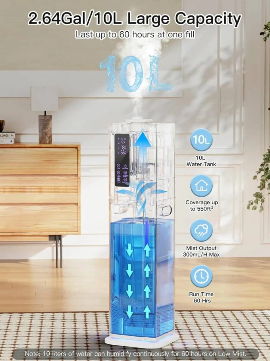 Petsaint 10L Ultrasonic Cool Mist Humidifier for Large Rooms up to 550 Sq Ft, Top Fill Design, 60H Runtime, 3 Mist Modes, 24H Timer, Ultra Quiet for Bedroom, Home, Office, and Plants, White