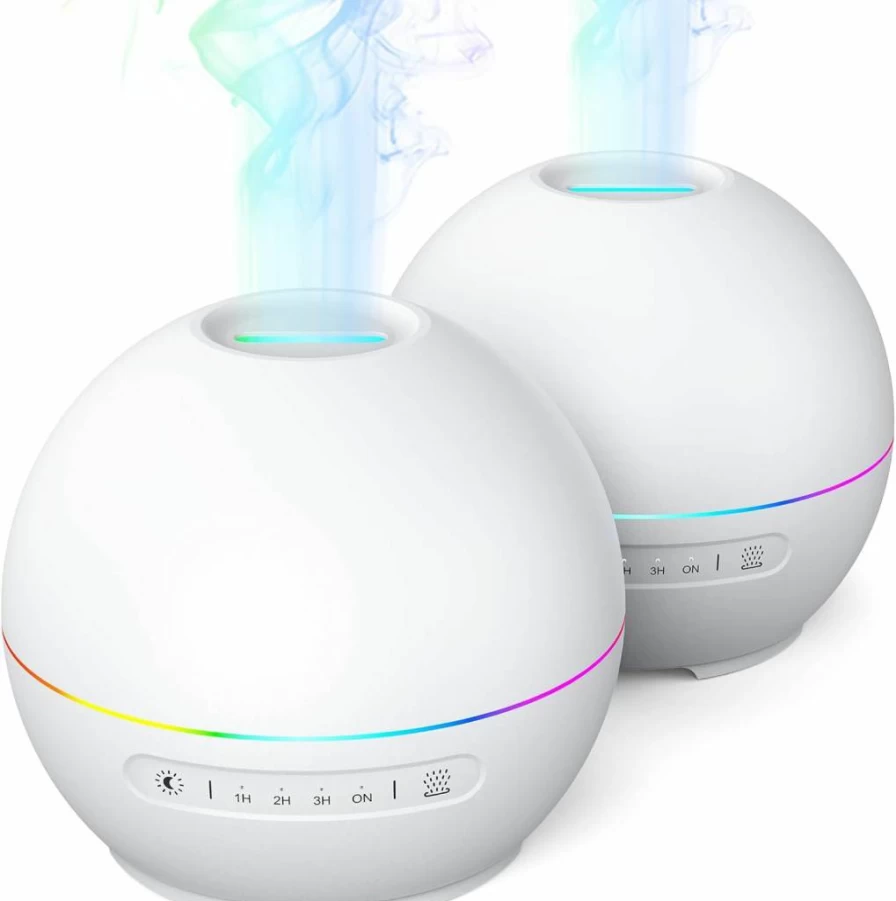 THIMONES 2 Pack 200ML Essential Oil Diffuser with 7 Color LED Lights, 4 Timer Settings, Ultra Quiet (20dB) Humidifier for Aromatherapy, Bedroom, Office - 10 Hour Runtime