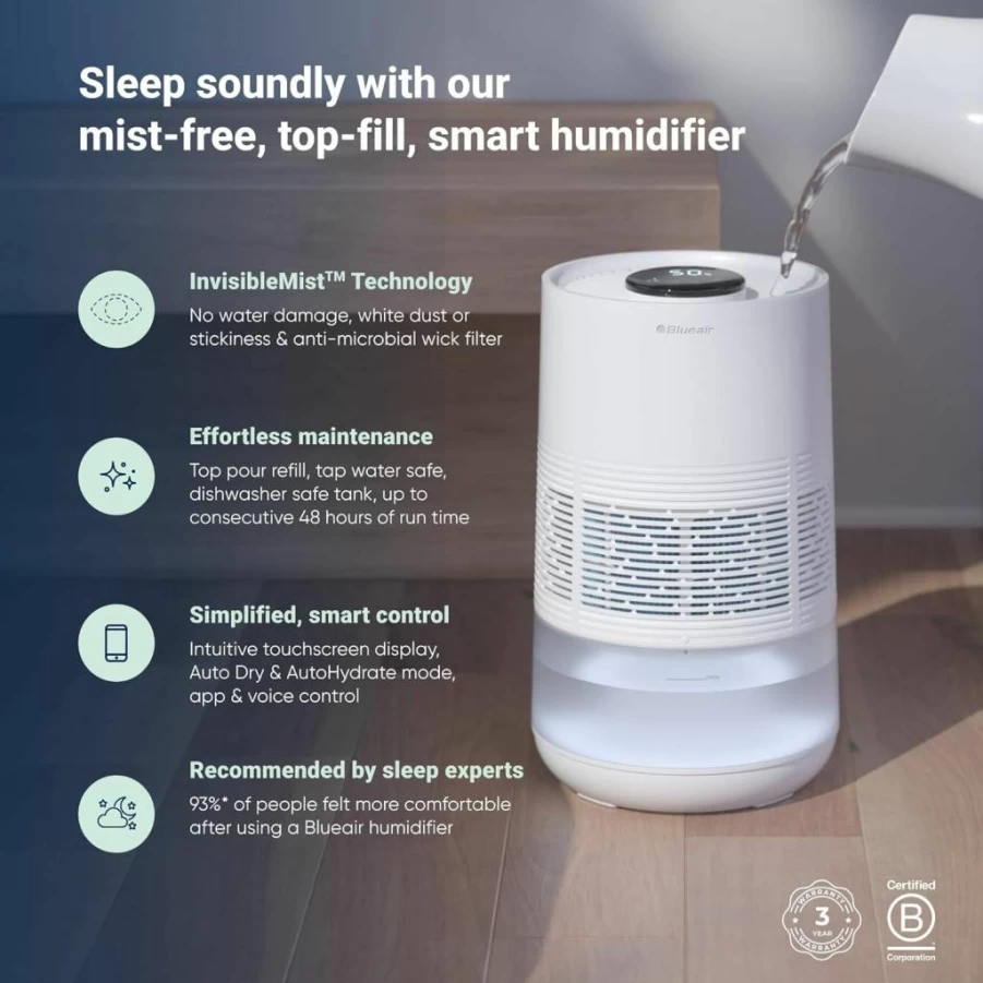 BLUEAIR Smart Humidifier for Large Rooms - 3.5L Evaporative Cool Mist, Auto Humidify, App & Touchscreen Control, Top Fill, 48-Hour Runtime, Better Sleep