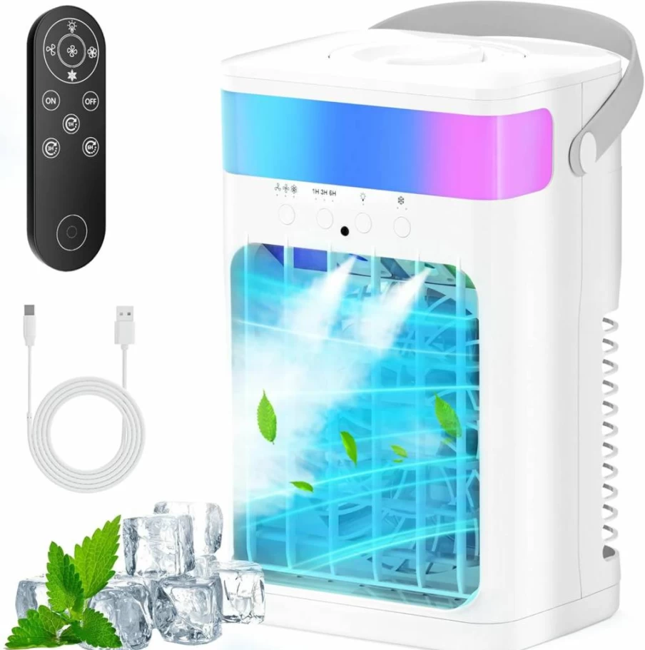Fioge Portable Air Conditioner & Evaporative Cooler - 4-in-1 Cooling Fan with Humidifier, 3 Speeds, Remote Control, 1500mL Tank, Night Light for Home Office