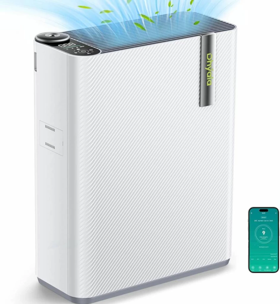 Dhyala Smart WiFi Air Purifier for Home with Humidifier, HEPA Filter for Dust, Smoke, Pet Odor, Air Quality Monitor, Quiet Sleep Mode, Covers Large Rooms & Bedrooms, White (19x15x7 Inches)