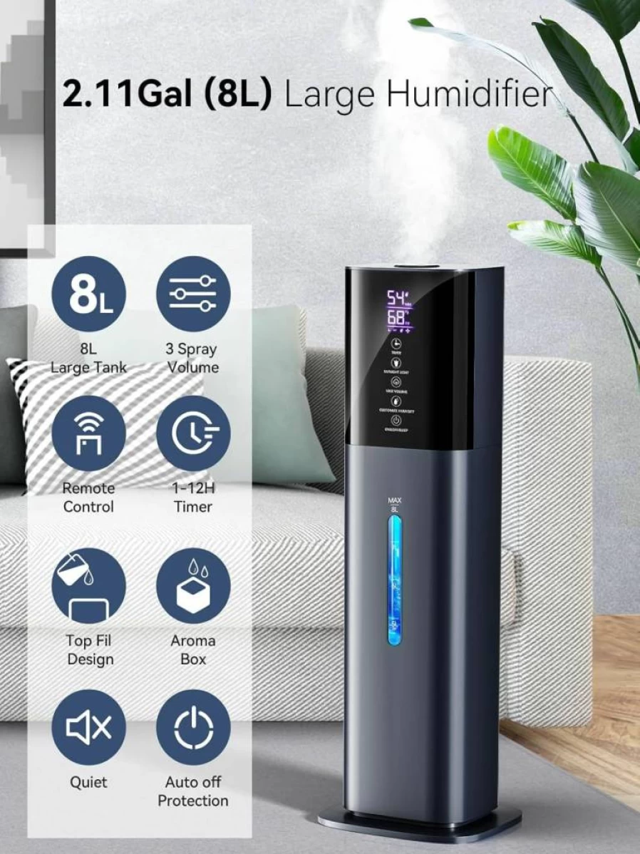 Let'me 3 Speed Ultrasonic Cool Mist Humidifier - 2.1Gal for Large Room, Bedroom, Baby & Plants, 360° Nozzle, Timer, Humidistat, Quiet Operation