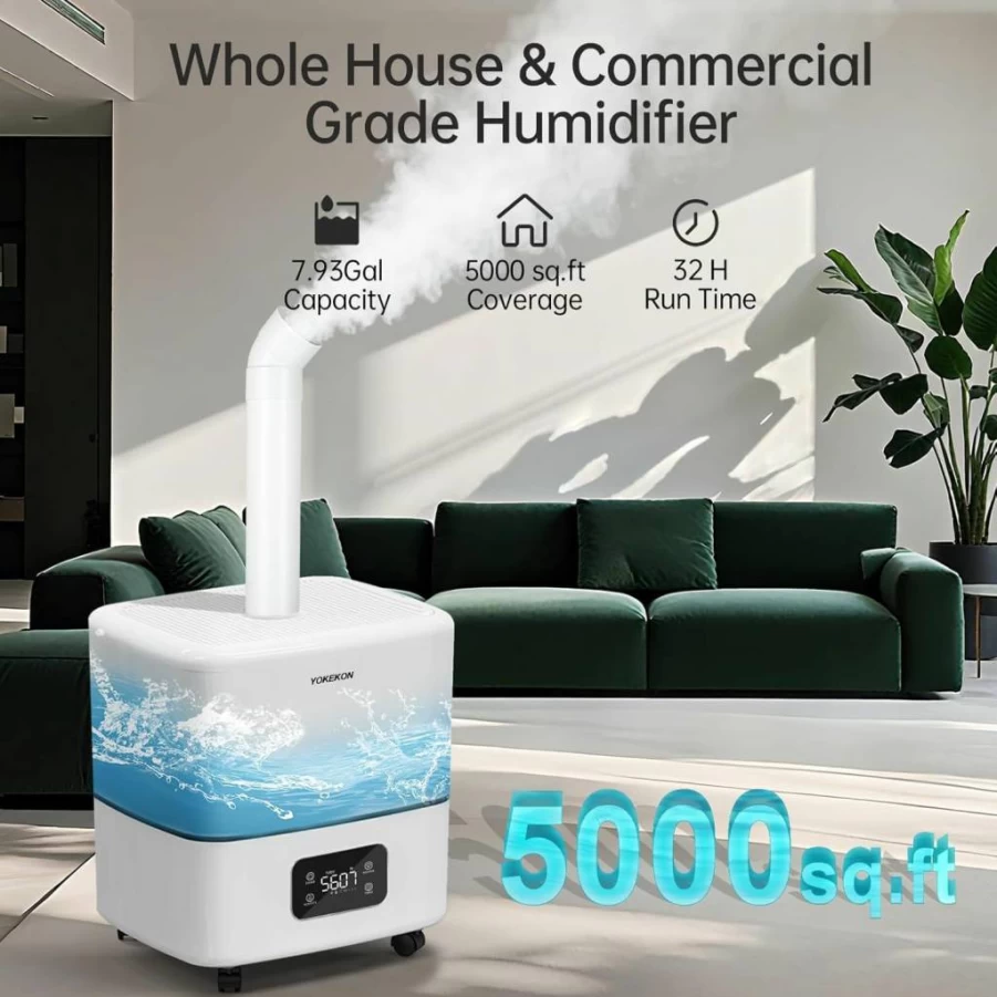 YOKEKON 30L Top-Fill Commercial Humidifier for Large Rooms Up to 5000 Sq.Ft - 3 Mist Modes, Timer & Extension Tube - Ideal for Office, Warehouse, Greenhouse & Plants