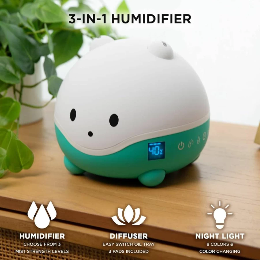 LittleHippo Wispi 3-in-1 Humidifier, Diffuser & Night Light for Kids - Adjustable Mist, Color-Changing LED, Essential Oil Tray - Quiet Nursery & Bedroom Humidifier for Babies