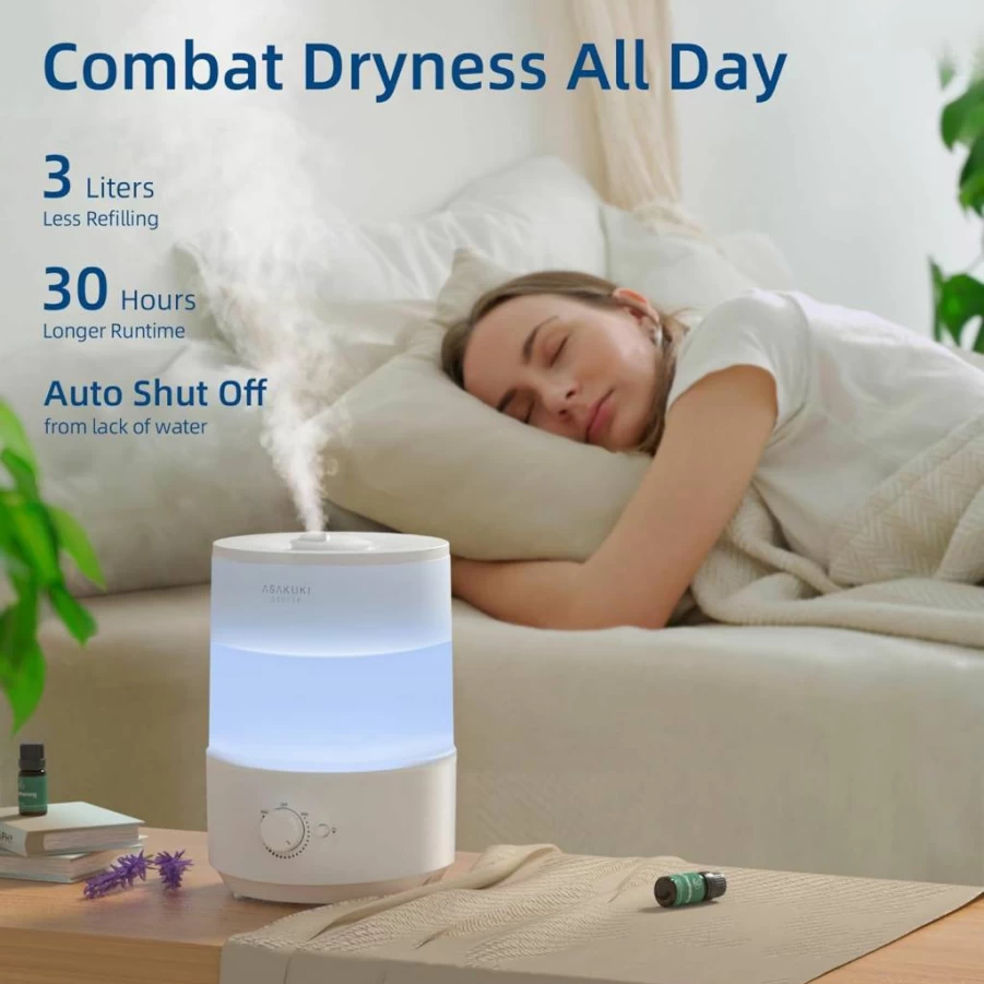 ASAKUKI 3L Cool Mist Humidifier with Essential Oil Diffuser & Night Light, Top Fill Quiet Air Humidifier for Bedroom, Nursery, Large Rooms, Auto Shut-Off, BPA-Free, 30H Runtime