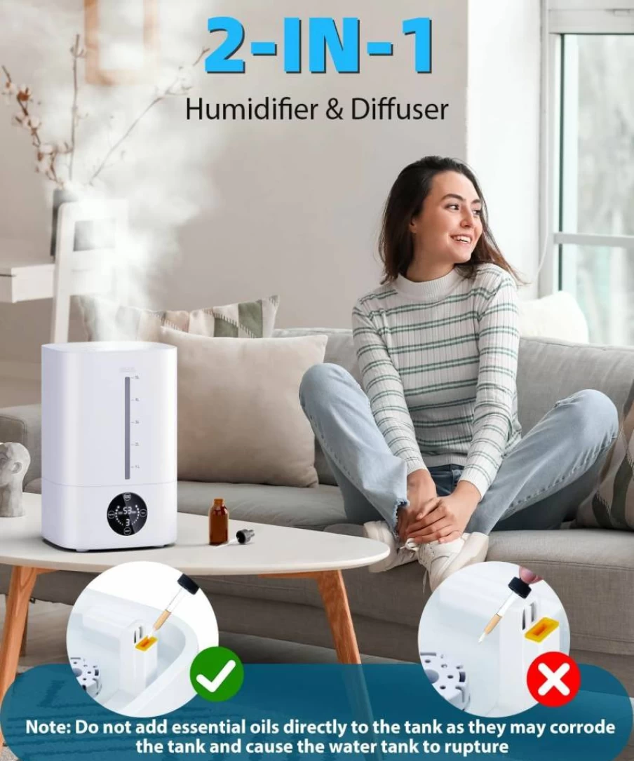 Mubeay 5L Cool Mist Humidifier for Large Room & Nursery - 50H Runtime, Ultra-Quiet 28dB, Auto Shut-Off, BPA-Free, Easy to Clean for Home, Baby & Plants