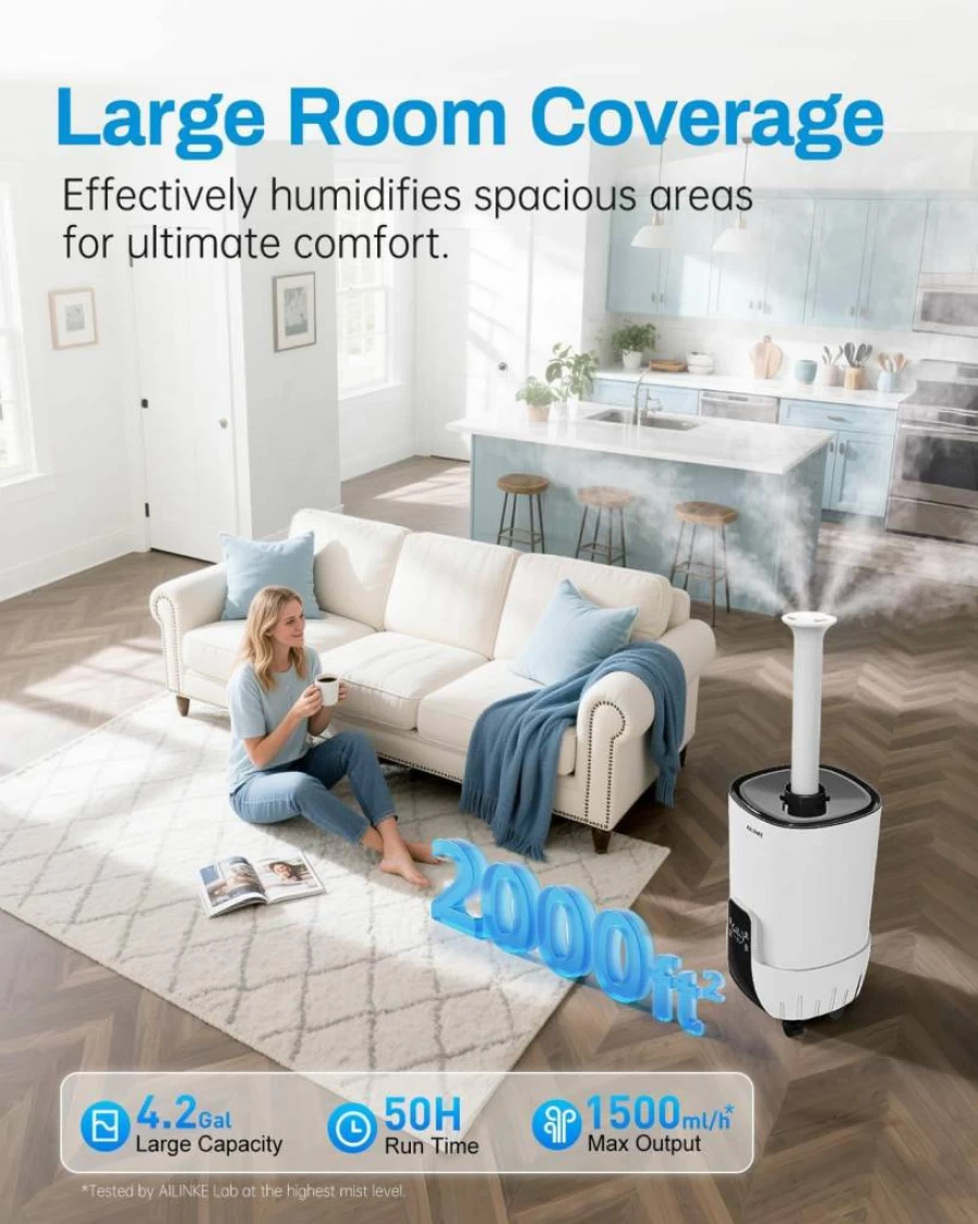 AILINKE 4.2Gal Cool Mist Humidifier for Large Room up to 2000 Sq.Ft, Top Fill Humidifier with 3 Stainless Steel Atomizers, 360° Nozzle, Quiet for Home, Bedroom, Office, Commercial Use, White