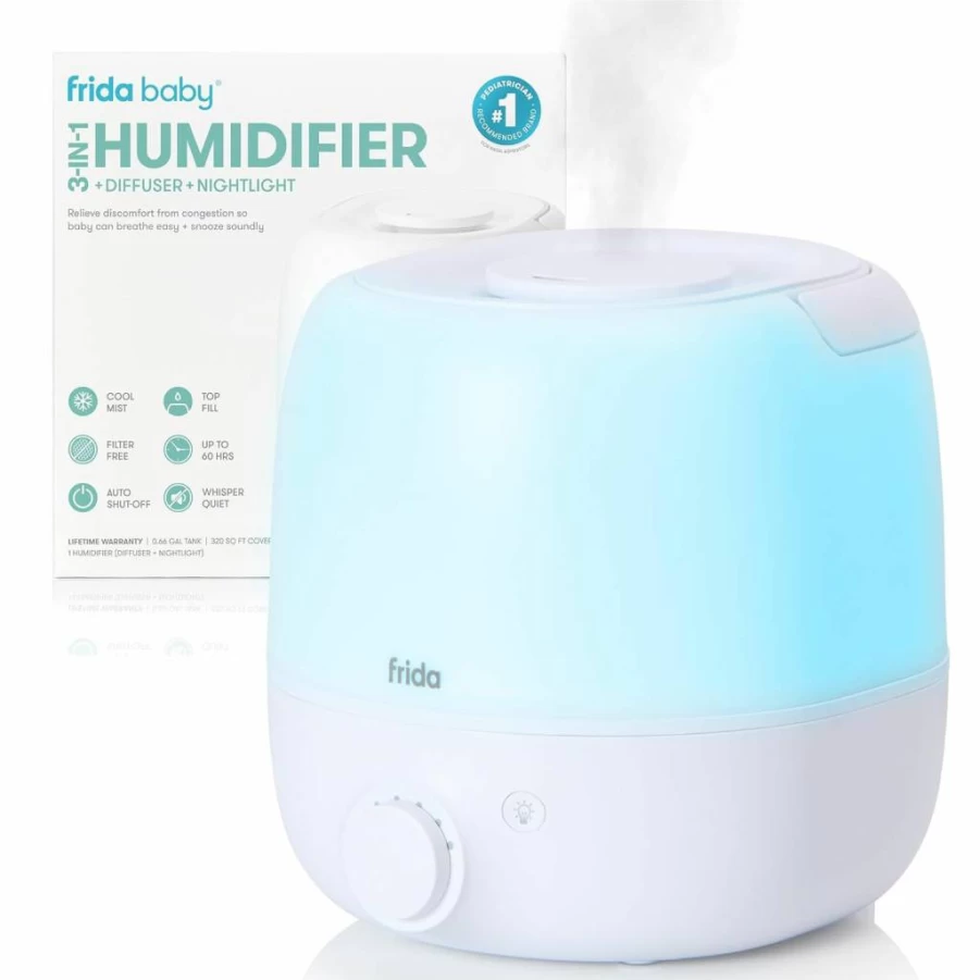 Frida Baby Cool Mist Humidifier with Nightlight & Essential Oil Diffuser – 60-Hour Runtime, Auto Shut-Off, Quiet Operation for Large Rooms & Bedrooms