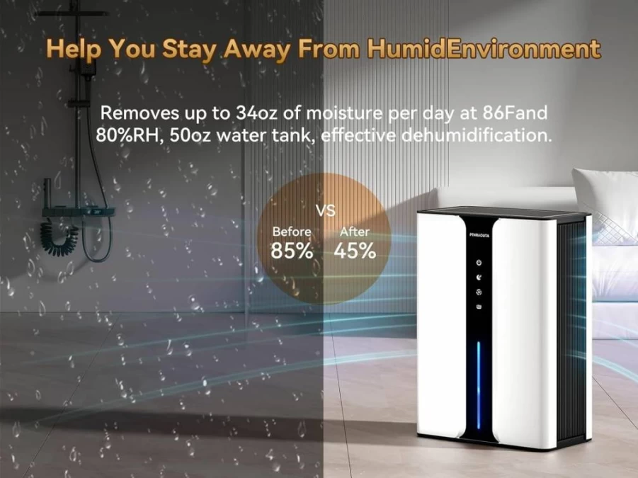 PTHRAOUTA 95Oz Dehumidifier for Home & Basement (950 Sq.Ft) - Quiet Portable Moisture Eliminator with Drain Hose & Washable Filter for Bedroom, Bathroom, RV, Closet