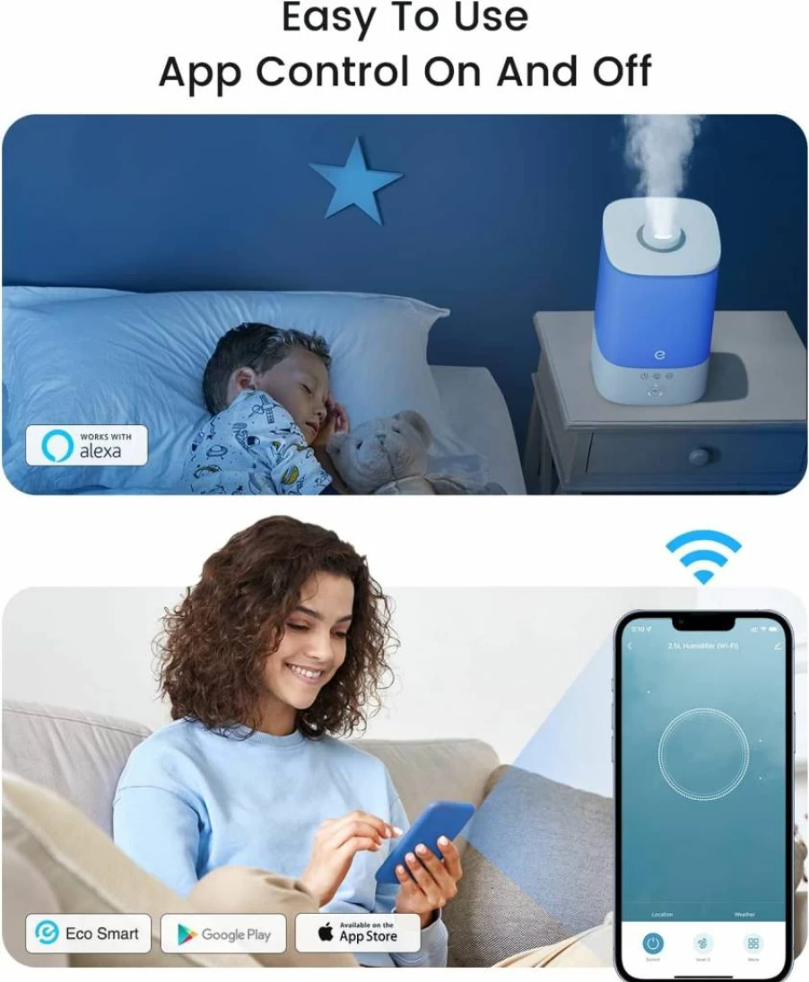 Esemoil 3.5L Smart WiFi Humidifier for Large Bedroom, Quiet Ultrasonic Cool Mist Diffuser with Alexa Voice Control, 8-Color LED Light, Top Fill Design, 28dB Ultra Quiet for Baby & Home