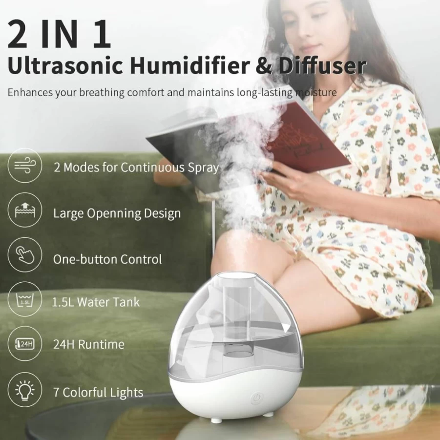 SimerSure Ultrasonic Cool Mist Humidifier - 1.5L Quiet Humidifier for Bedroom, Nursery, Office & Plants with Night Light, Auto Shutoff, 24-Hour Runtime - Blue
