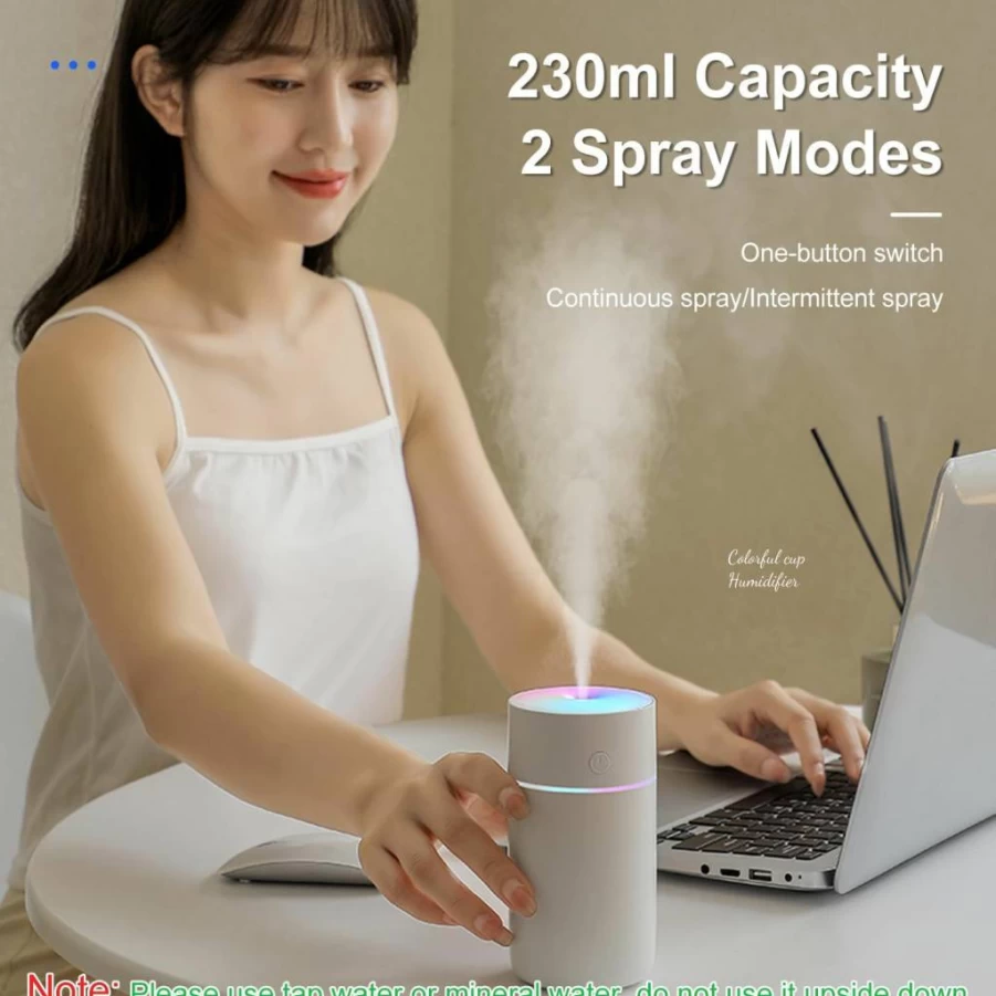 HODEMI Portable Mini Humidifier - USB Rechargeable Personal Desk Humidifier with Adjustable Mist, 4/8H Timer, Color Changing Night Light for Home, Office, Car, Bedroom (White)