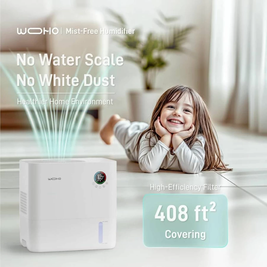 Wooohoo 5L Quiet Evaporative Humidifier with Aroma Diffuser - No Mist Air Humidifier for Bedroom, Nursery, Office - Includes 2 Replacement Filters