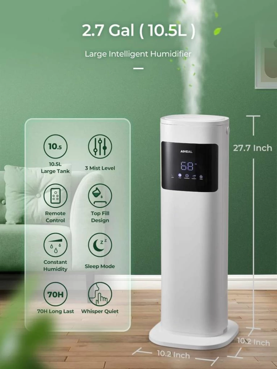 Aiheal 10.5L Top Fill Ultrasonic Humidifier for Large Rooms - Cool & Warm Mist with Custom Humidity, Timer, Sleep Mode, Auto Shut-Off, Quiet for Home, Baby, Plants - White