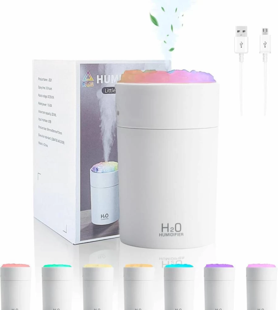 Aocojar 220ML Portable Humidifier with Colorful LED Gradient Light for Bedroom, Office, Travel, and Baby Room - USB-Powered, Includes Cotton Stick and Cable