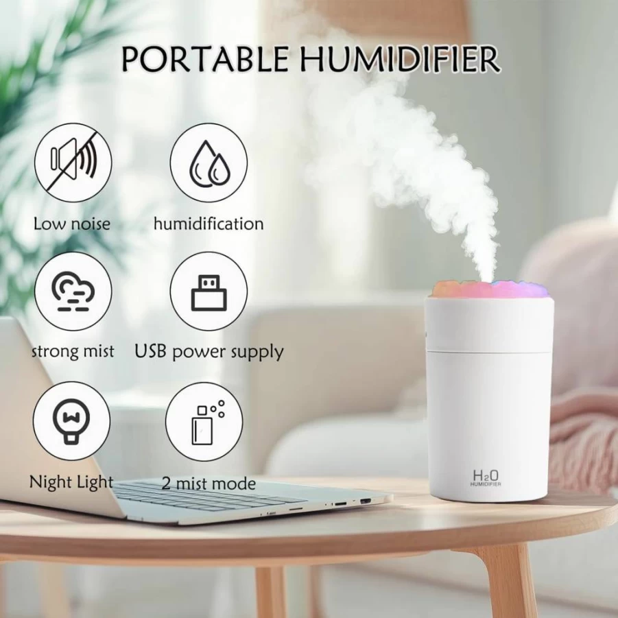 Aocojar 220ML Portable Humidifier with Colorful LED Gradient Light for Bedroom, Office, Travel, and Baby Room - USB-Powered, Includes Cotton Stick and Cable