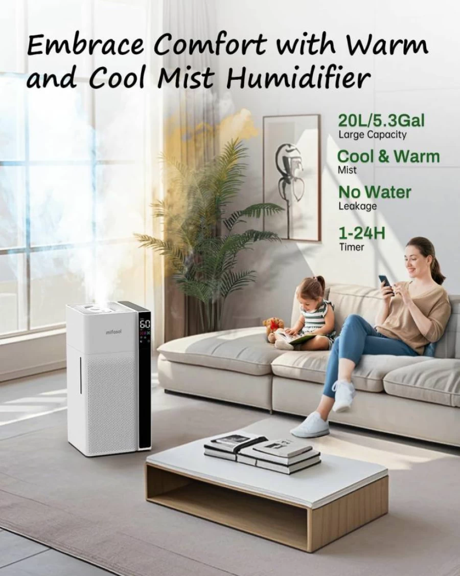 Mifasol 5.3Gal/20L Large Room Humidifier with Warm & Cool Mist, Dual Nozzles for Home, Office, Greenhouse, and Bedroom, Black