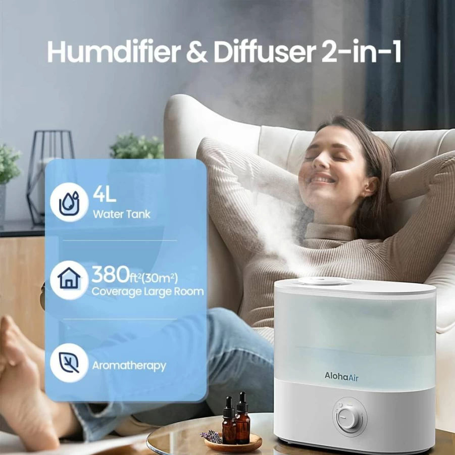 AlohaAir 4.0L Cool Mist Humidifier with Essential Oil Diffuser, 7 Color Lights, 360° Nozzle, Auto Shut-Off, Quiet Operation for Bedroom, Nursery, and Large Rooms